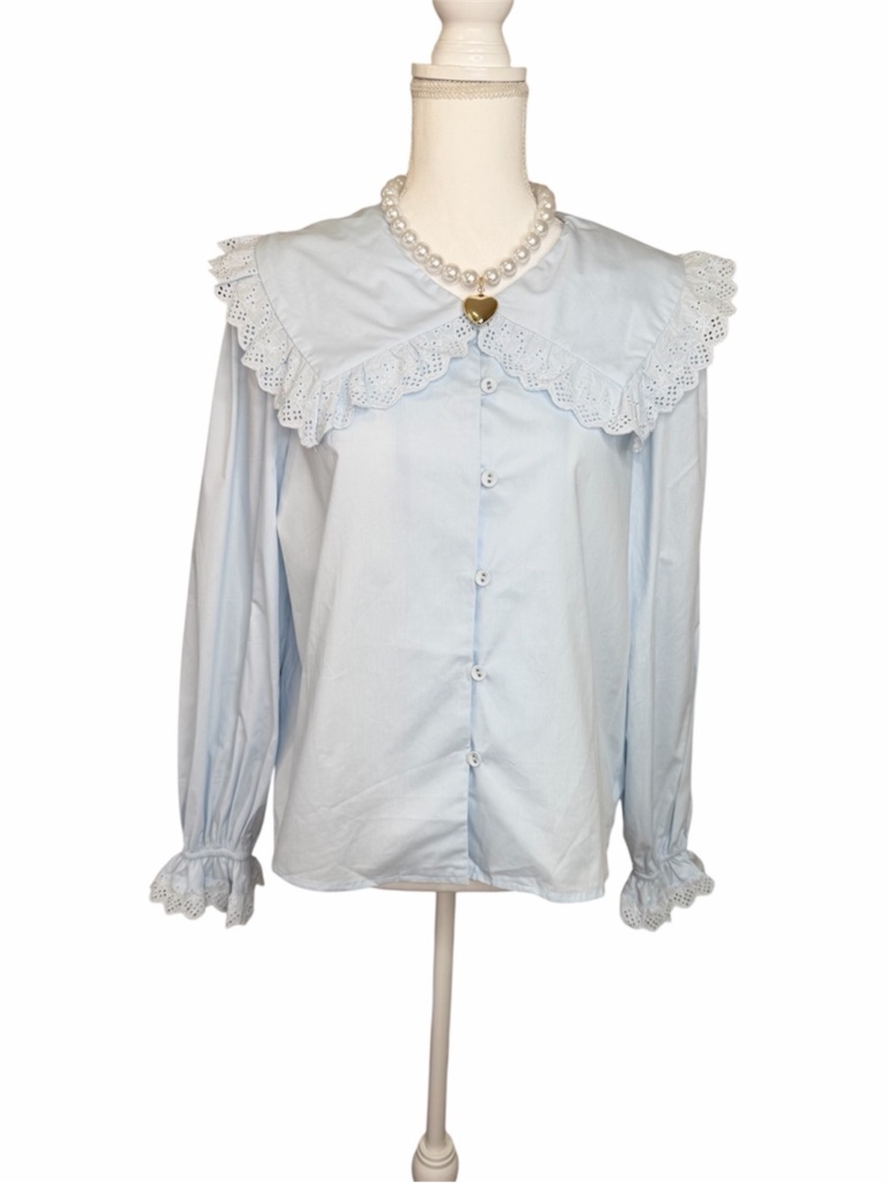 Light Blue Lace-Trim Button Down Blouse with Peter Pan Collar